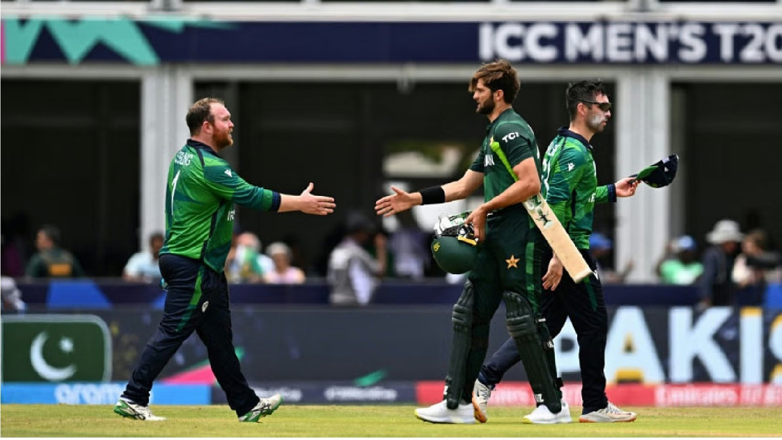 Ireland's captain Paul Stirling shakes hands with Pakistan's Shaheen Shah Afridi during the ICC T20 World Cup 2024 group A match between Pakistan and Ireland at Central Broward Park & Broward County Stadium in Lauderhill, Florida on June 16, 2024. Photo: AFP