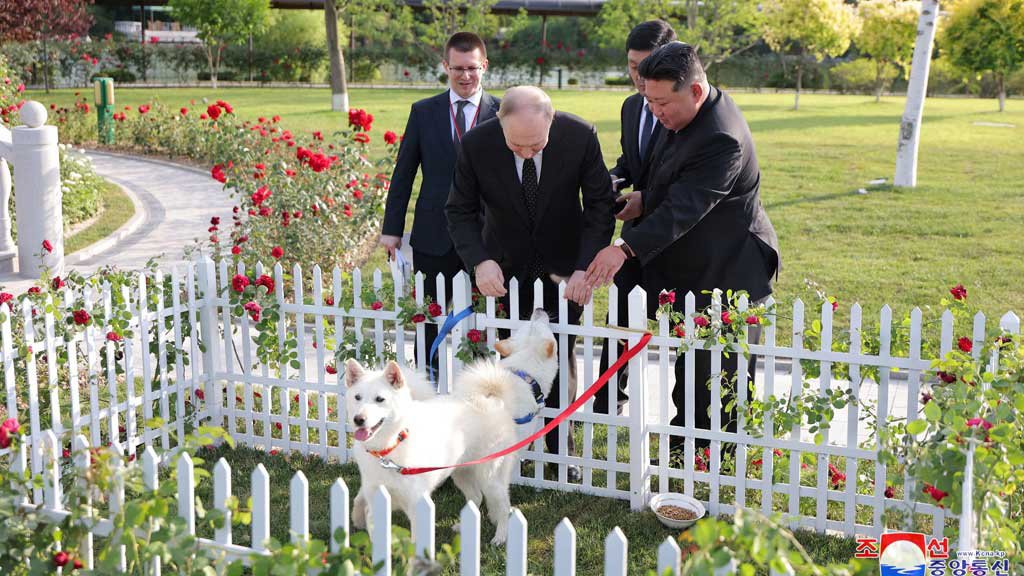 Russia's President Vladimir Putin and North Korea's leader Kim Jong Un pet dogs during a walk in the garden of the Kumsusan Guesthouse in Pyongyang, North Korea in this image released by the Korean Central News Agency June 20, 2024. KCNA via REUTERS