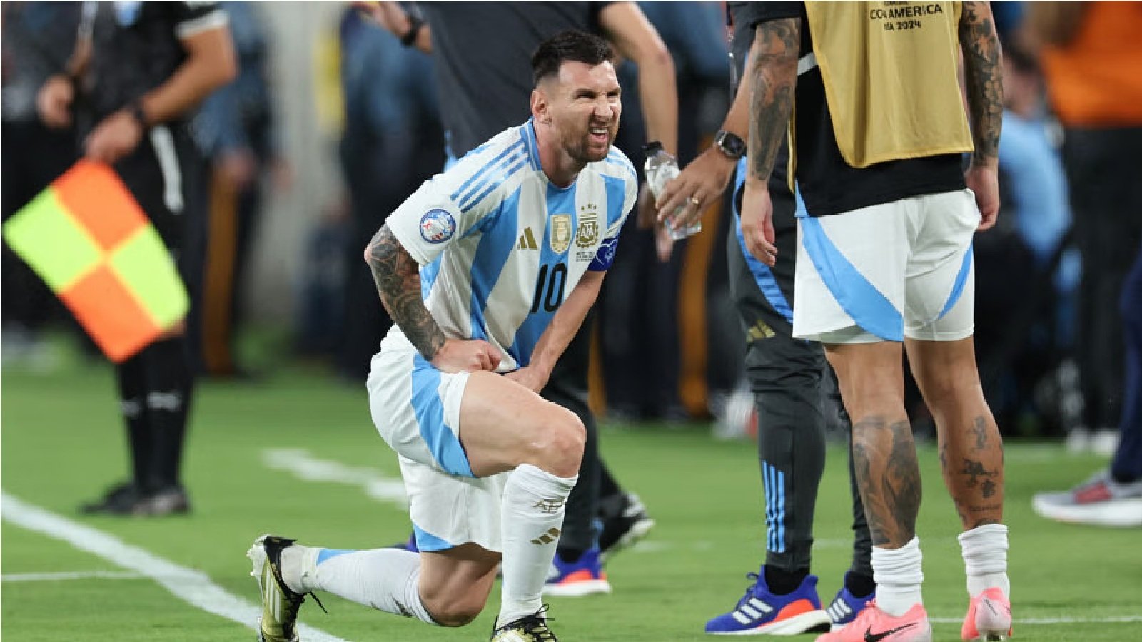 Argentina's forward Lionel Messi grimaces as he stretches his groin area during their 2024 Copa America group A football match against Chile at MetLife Stadium in New Jersey on June 25, 2024. Photo: AFP